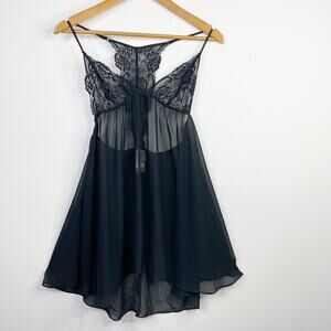In Bloom by Jonquil Black Lace Sheer Racerback Babydoll Chemise Nightie S New